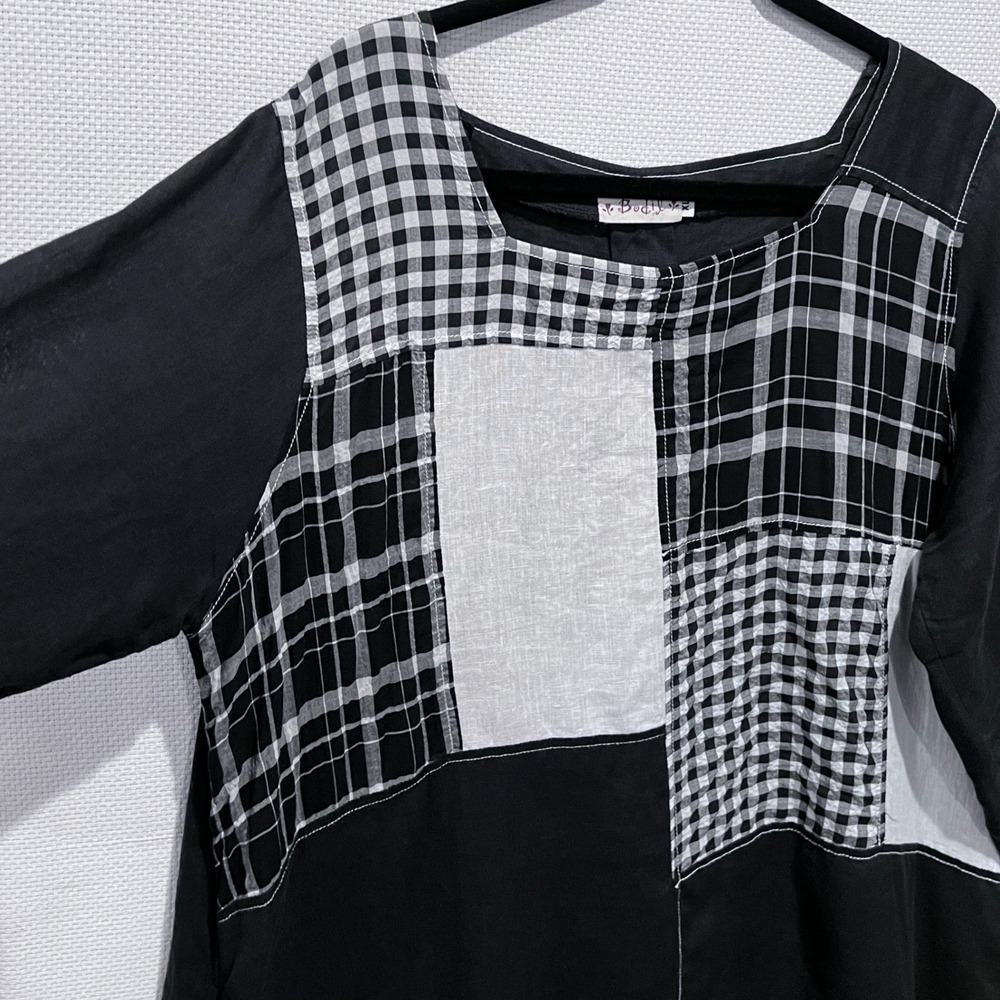 Bodil XL Patchwork‎ Linen Black White Lagenlook 3/4 Sleeve Tunic Dress Pockets - Picture 3 of 9